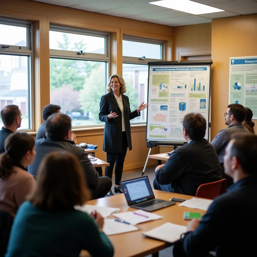 Workers installing solar panels on a residential roof in a suburban neighborhood